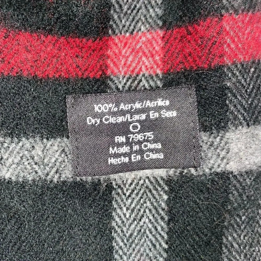 Plaid black red grey scarf with fringe hem 60”x9.5”